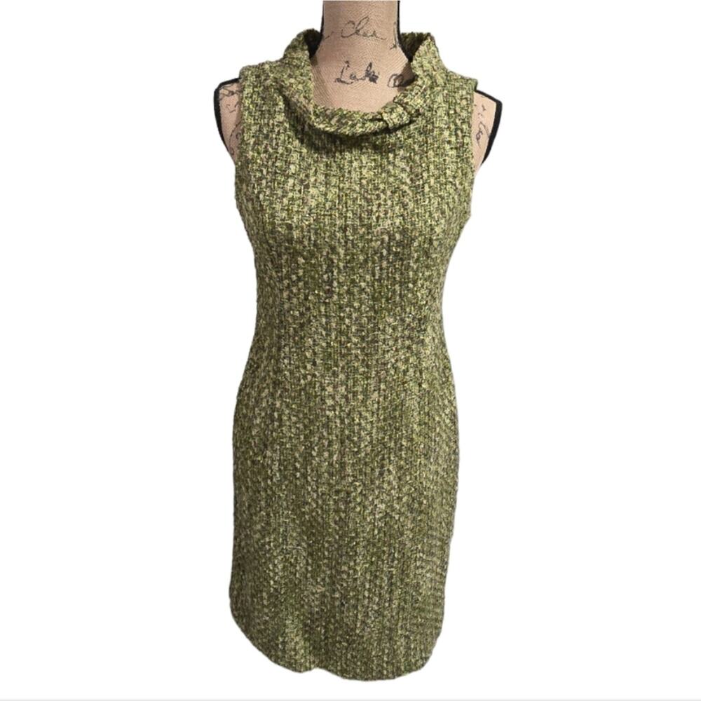 Muse Boston Proper Moss Green Tweed Bow Neck Academia Sheath Dress Size 8